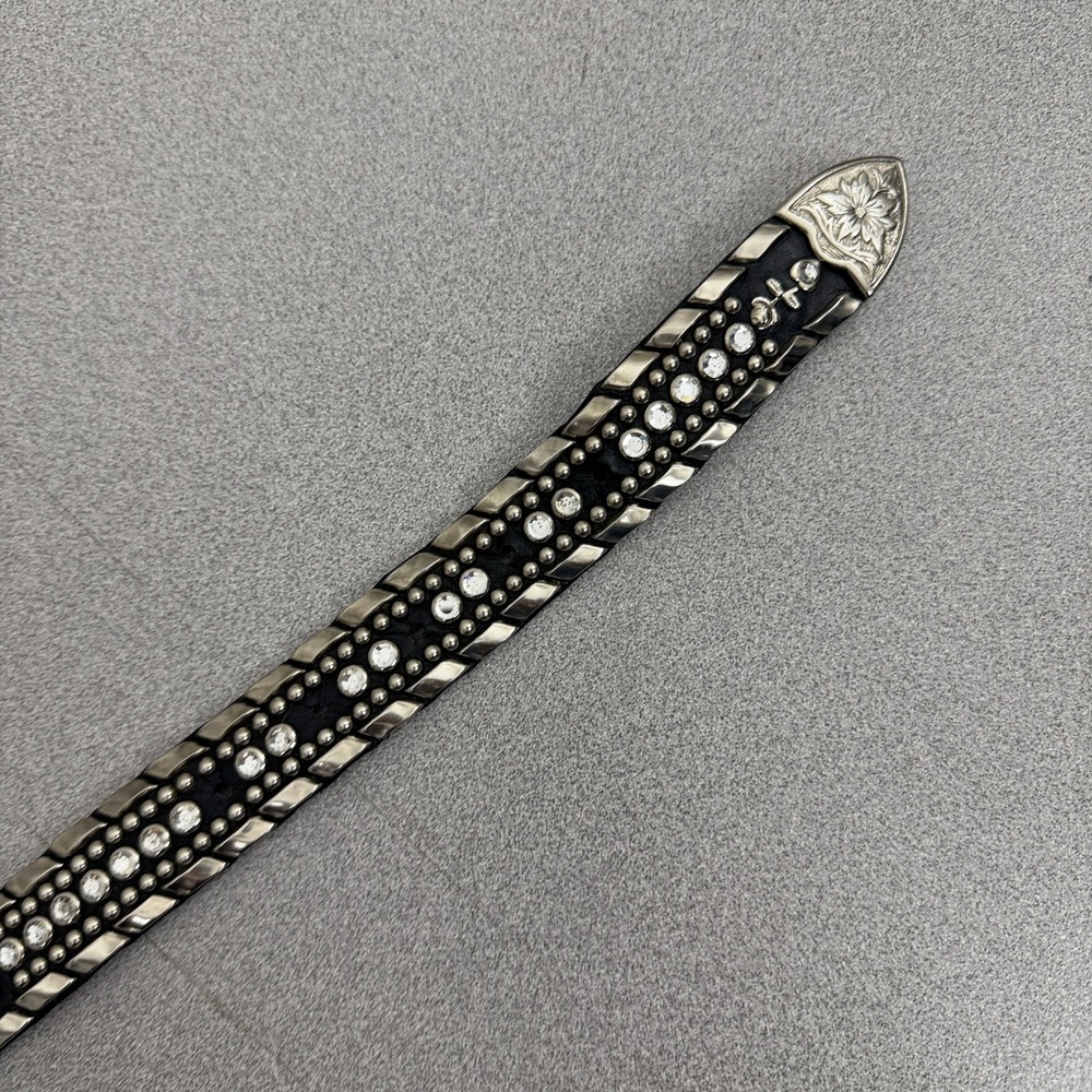 BB Simon Belt Womens 34 Black Studded Rhinestone Leather Western Silver Kippys - Picture 6 of 8